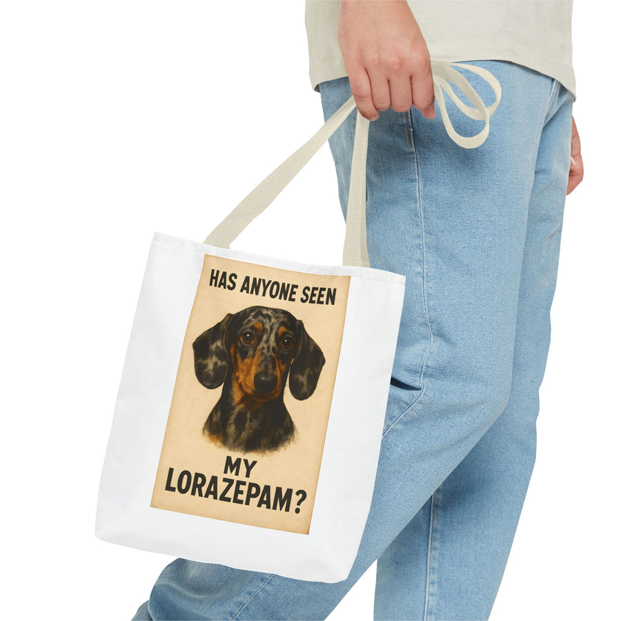 Lustige Dackel Tote Bag "Has Anyone Seen My Lorazepam?" – Vintage Hunde Stoffbeutel für Hundeliebhaber & Dackelfans