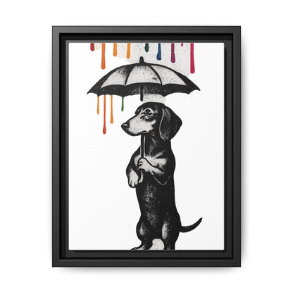 Dackel im Farbenregen – Street-Art Canvas mit Regenschirm & Farbtropfen