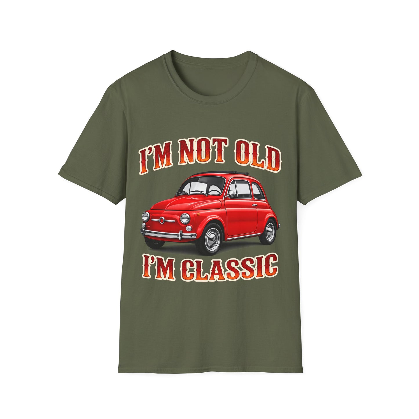 True Insights Retro T-Shirt Oldtimer Kleinwagen Motiv in Military Green, Vintage Geschenk für Herren
