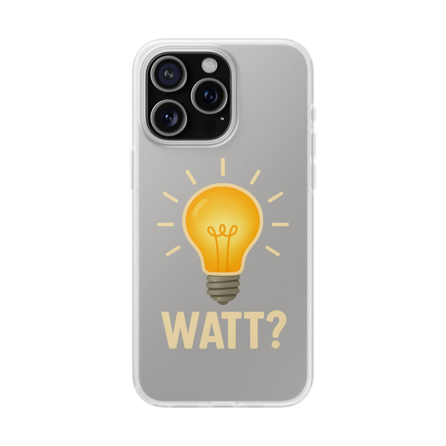 WATT? Handyhülle für iPhone 15 Pro Max – transparente Schutzhülle mit leuchtendem Glühbirnen-Motiv, Geschenk für Elektriker und Technikfans