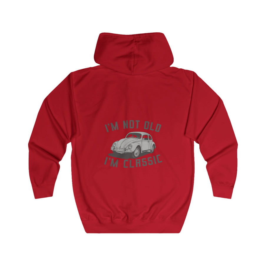 Sweatjacke mit Vintage-VW-Käfer-Motiv – Zip-Hoodie mit Rückendruck „I'm Not Old I'm Classic“ – Fire Red – Rückenansicht