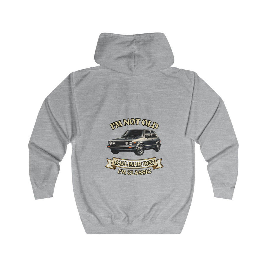 Geschenk zum 70. Geburtstag – Sweatjacke Jahrgang 1957 VW Golf – Heather Grey – Rückenansicht