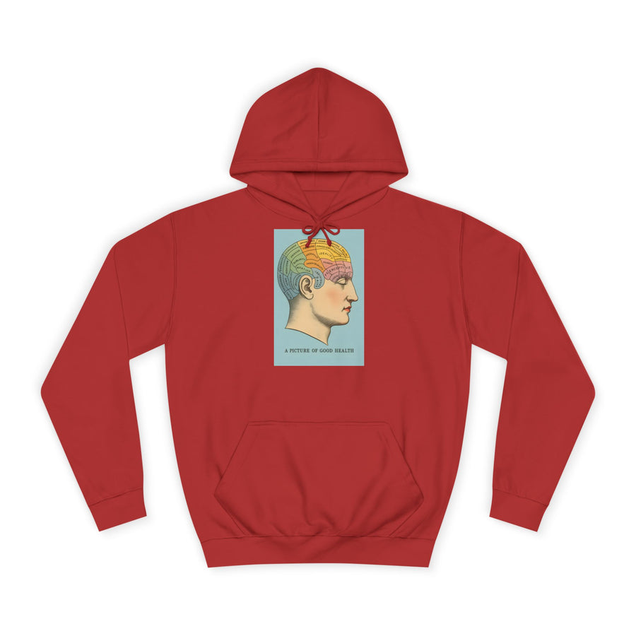 Vintage Hoodie „A Picture of Good Health“ – Vintage-Phrenologie für mentale Überflieger – Fire Red – Vorderseite