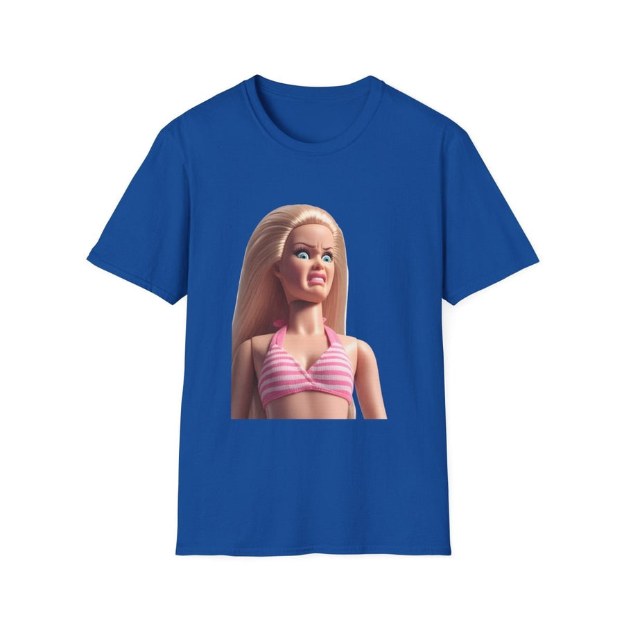 True Insights T-Shirt Judging Doll Puppen-Meme in Royalblau mit skeptisch schauender Puppe
