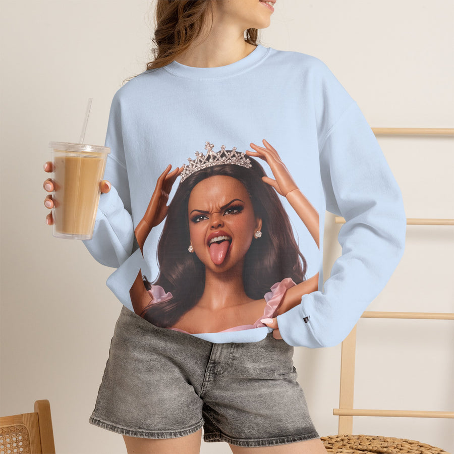 Barbicore Sweatshirt – Sassy Doll Design with Tiara & Tongue Out | Pink Doll Print