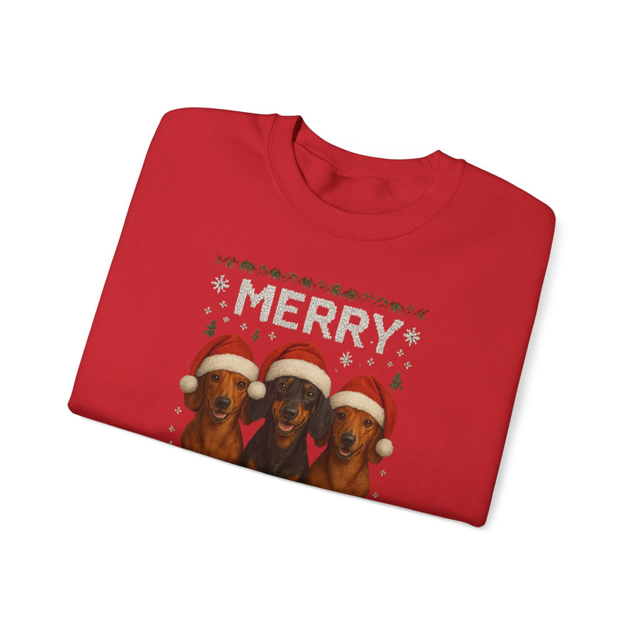 True Insights Merry Woofmas Dackel Sweatshirt – Lustiges Weihnachtsmotiv mit drei Dackeln