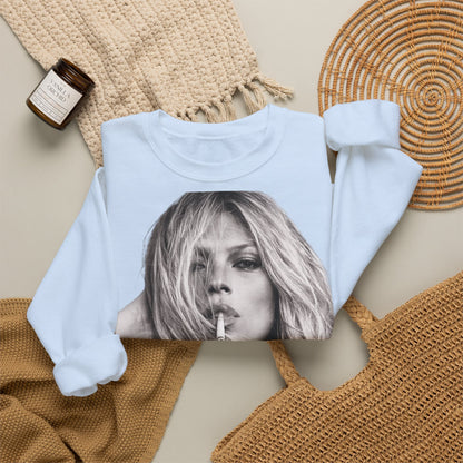 Kate Moss Sweatshirt – Schwarz-Weiß Portrait Kult-Pullover für Fashion & Vintage Fans, ikonisches Model Motiv