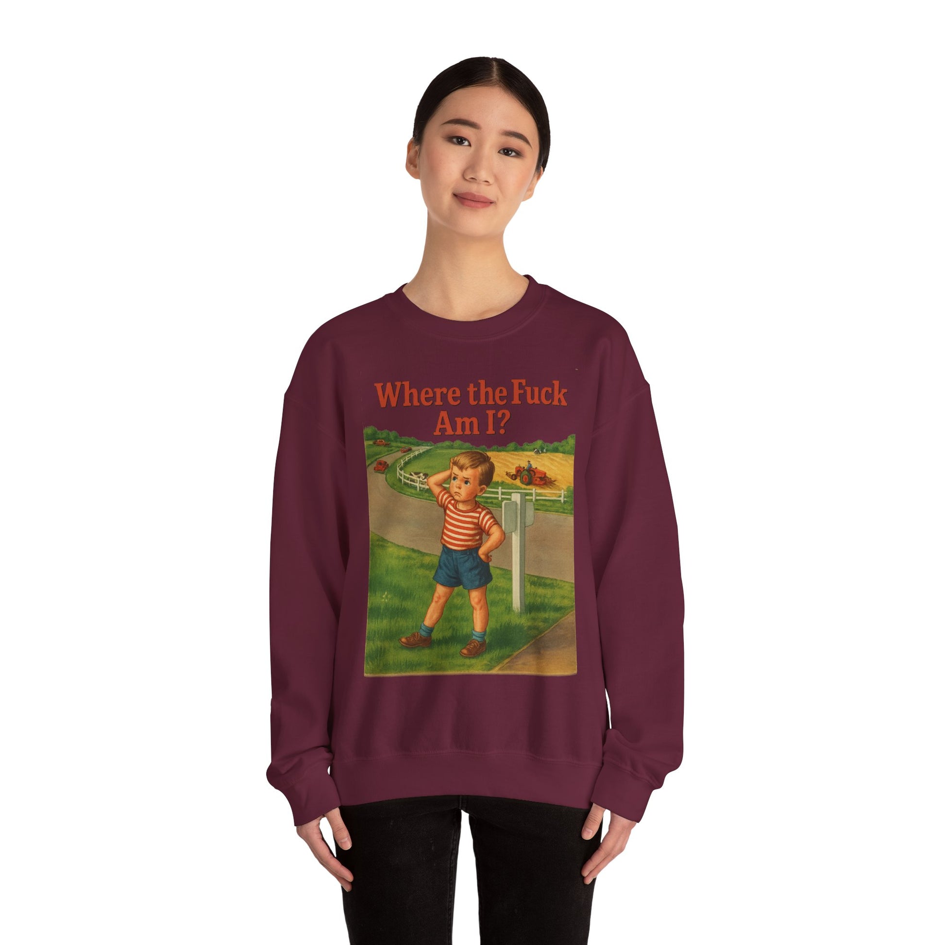 Sweatshirt – Where the Hell Am I? – Vintage Sweatshirt mit nostalgischem Lost-Boy-Motiv | True Insights Design mit Humor