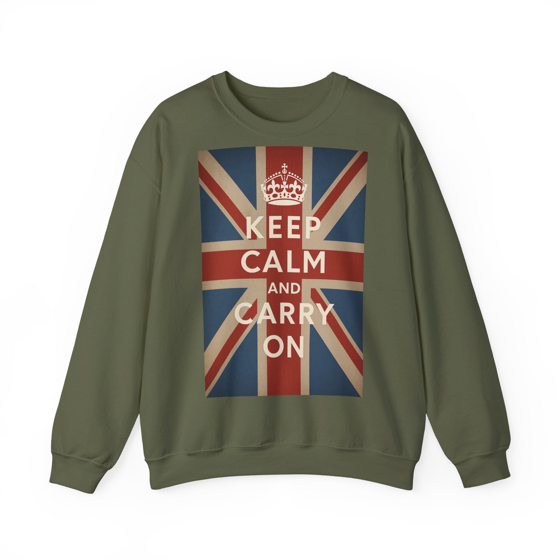 True Insights Sweatshirt Keep Calm and Carry On Britische Flagge Krone Retro Pullover in Militärgrün für UK Fans