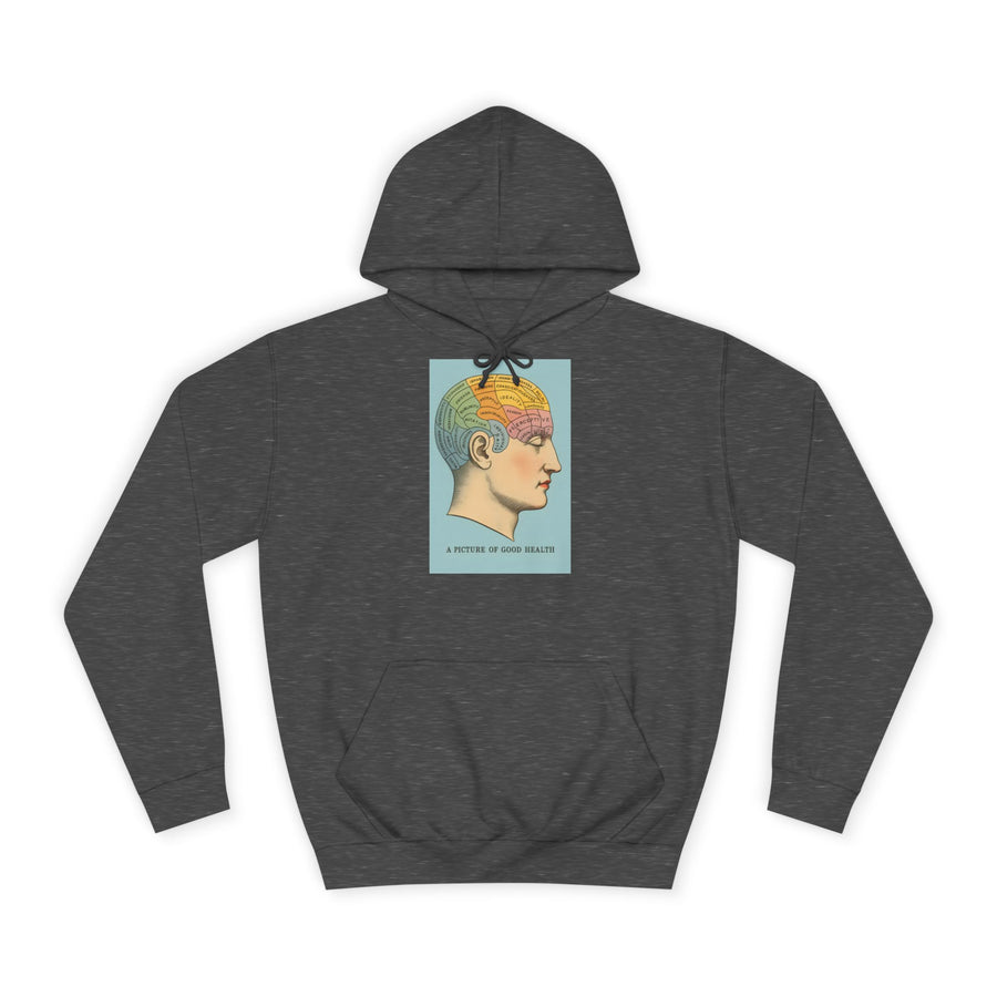 Vintage Hoodie „A Picture of Good Health“ – Vintage-Phrenologie für mentale Überflieger – Charcoal – Vorderseite