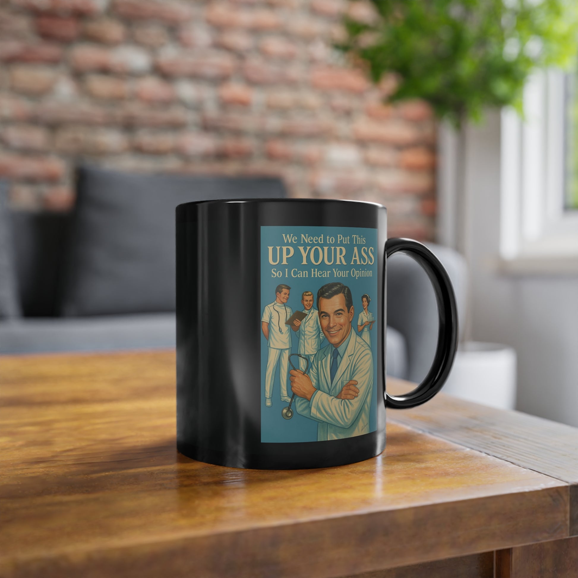 Satire mug “Up Your Ass” – cheeky doctor motif in retro style