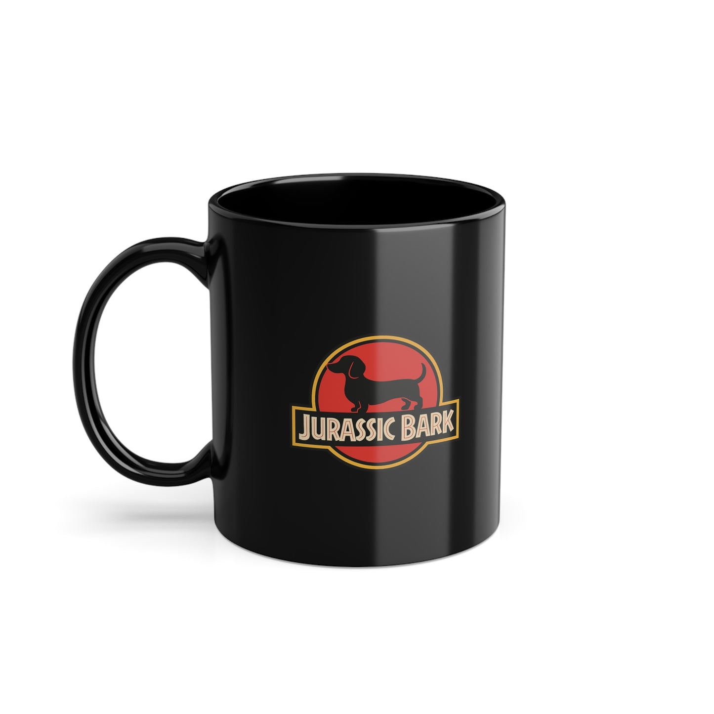 Jurassic Bark Tasse Schwarz – Lustige Dackel Kaffeetasse für Hundeliebhaber & Dackelbesitzer, Parodie Geschenk