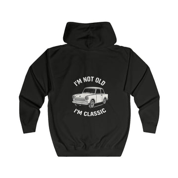 Sweatjacke mit Trabant-Linienzeichnung-Motiv – Zip-Hoodie mit Rückendruck „I'm Not Old I'm Classic“ – Jet Black – Rückenansicht