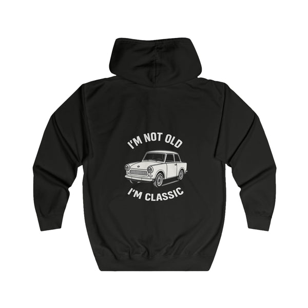 Sweatjacke mit Trabant-Linienzeichnung-Motiv – Zip-Hoodie mit Rückendruck „I'm Not Old I'm Classic“ – Jet Black – Rückenansicht