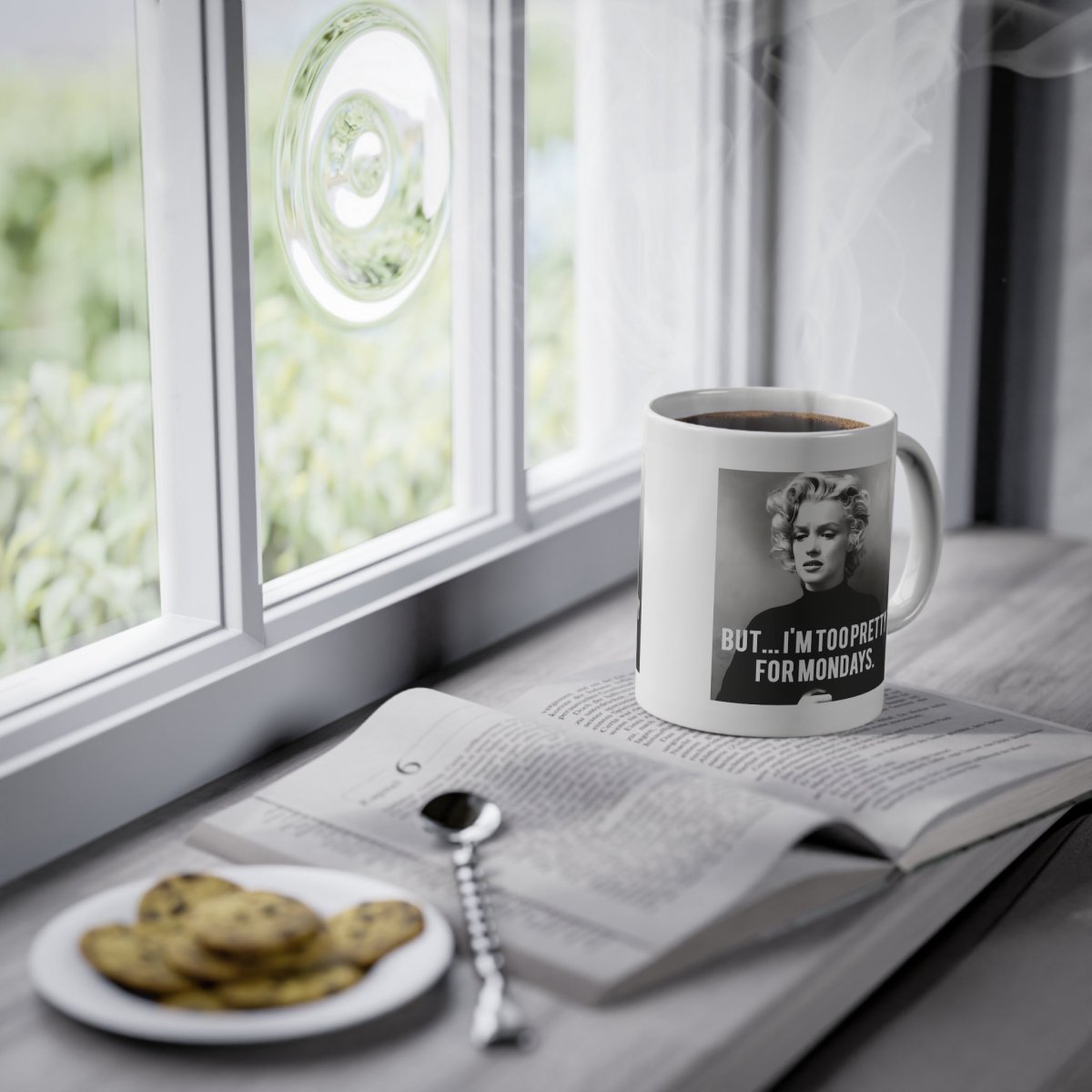 Too Pretty for Mondays – Satire mug with vintage photo print &amp; Monday statement