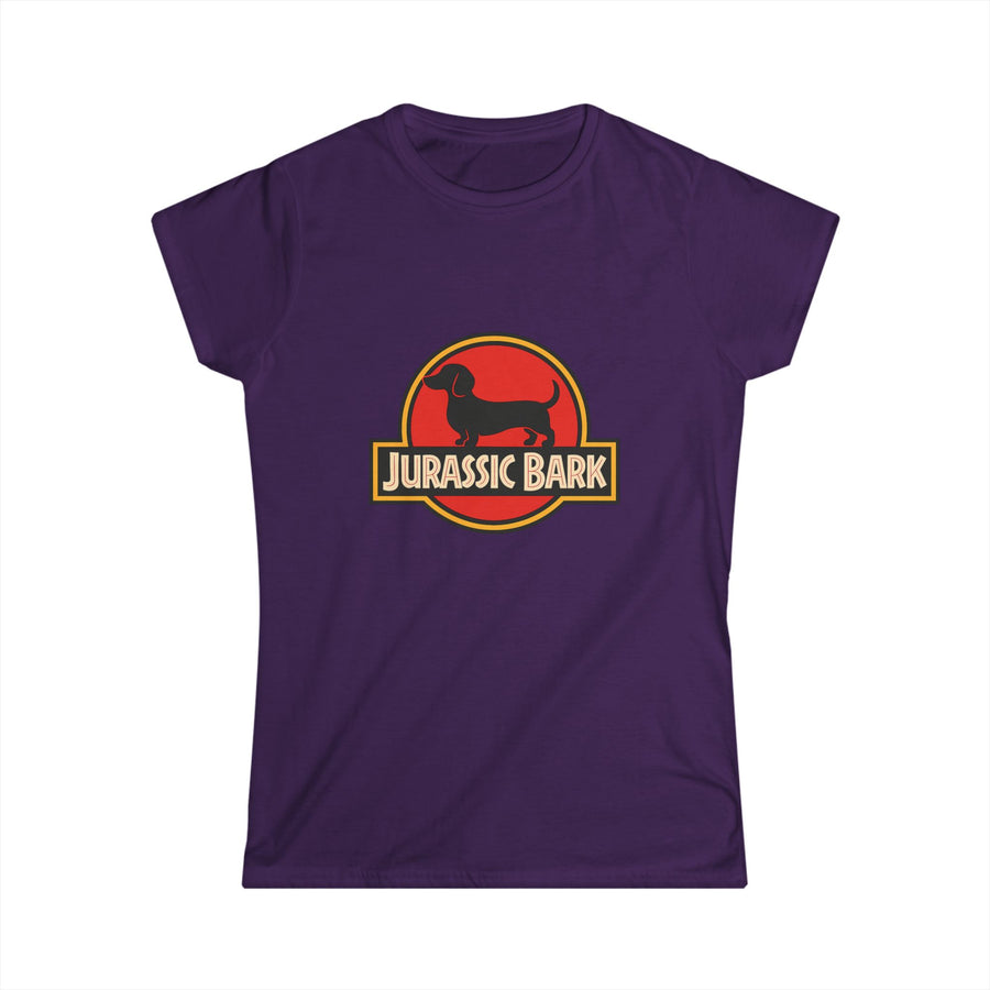 True Insights Damen T-Shirt Jurassic Bark Dackel Motiv in Violett, satirisches Shirt für Dackelbesitzer