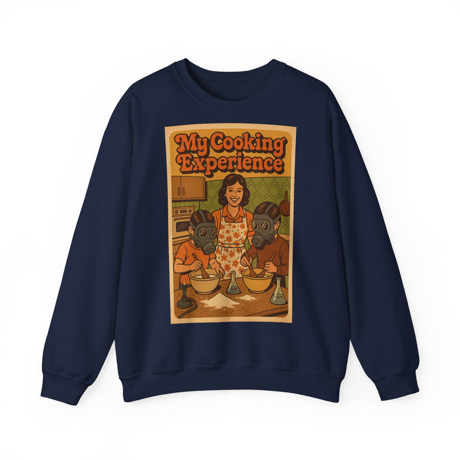True Insights My First Cooking Experience Sweatshirt – Retro-Motiv mit Gasmasken in der Küche