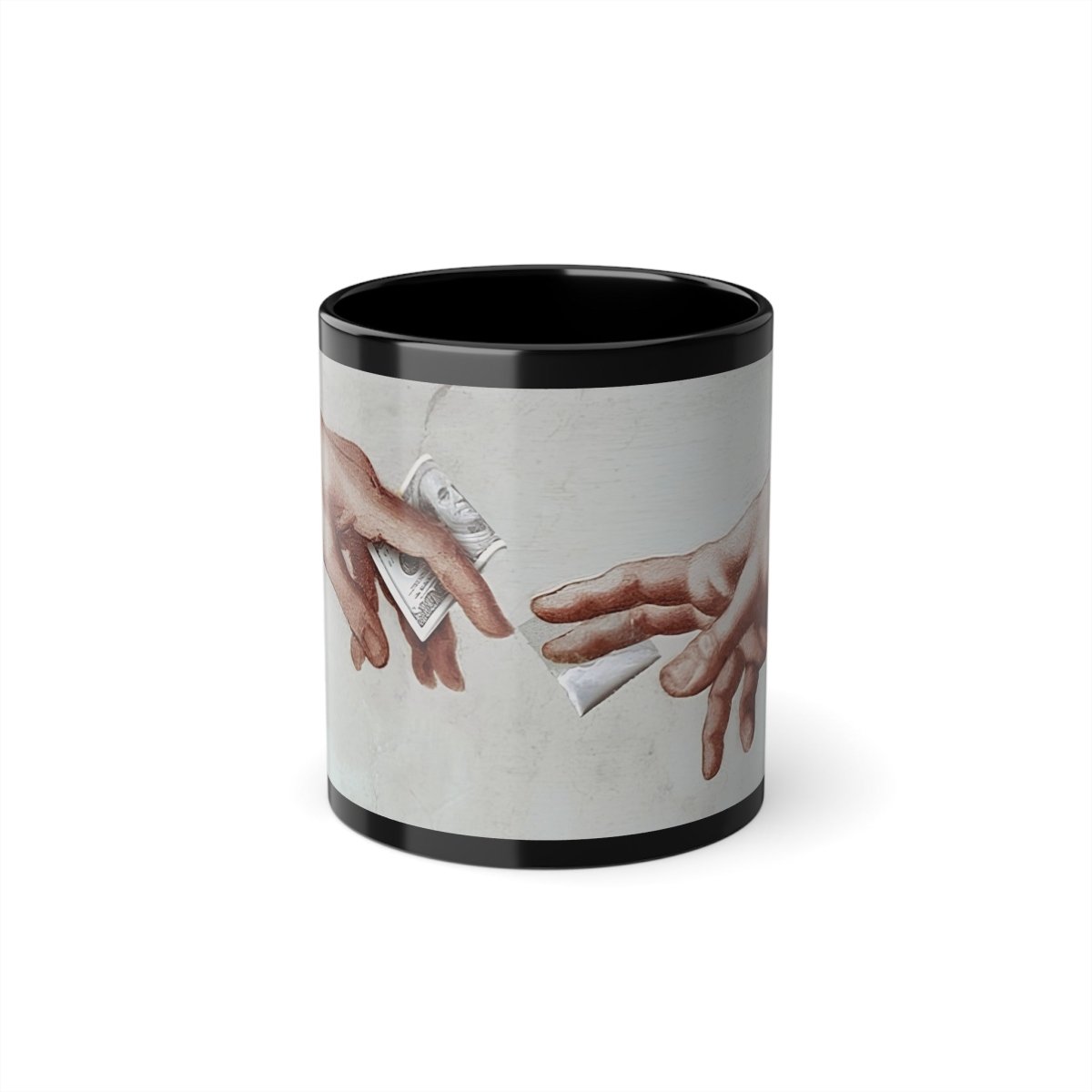 The Deal – Satirical mug with biblical handshake and modern barter