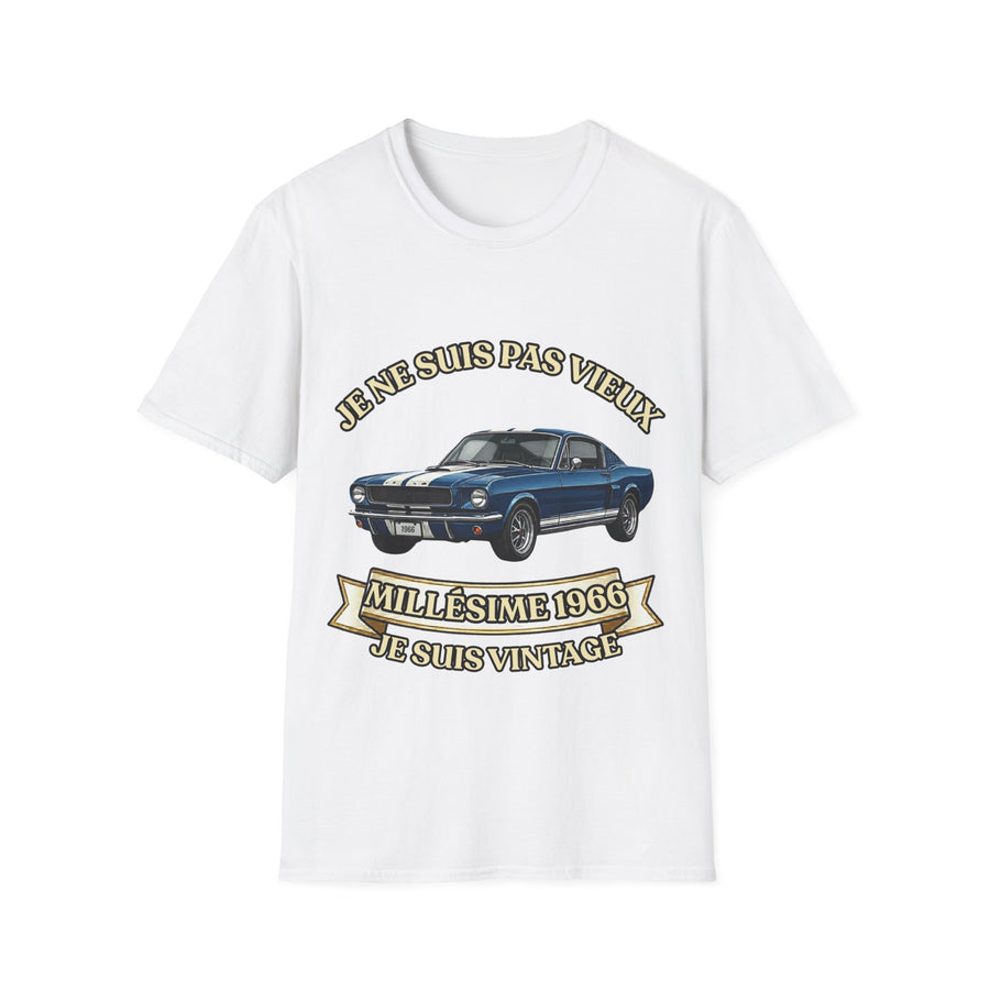 T-shirt Millésime 1966 « Je ne suis pas vieux, je suis vintage » – Cadeau anniversaire 60 ans homme – Voiture américaine bleue, voiture ancienne rétro