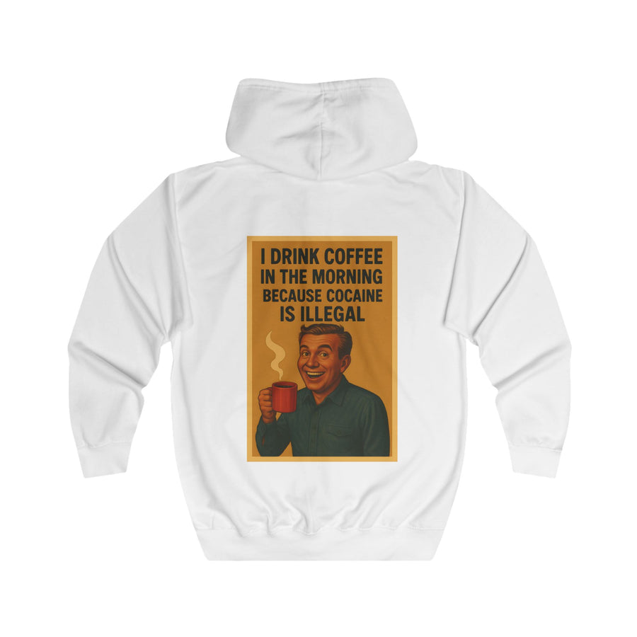 Kaffee Sweatjacke „I Drink Coffee Because Cocaine Is Illegal“ – Zip-Hoodie mit Rückendruck – Arctic White – Rückenansicht
