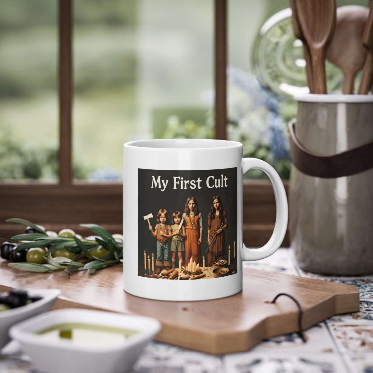 My First Cult – Satirical coffee mug with a dark children’s cult motif