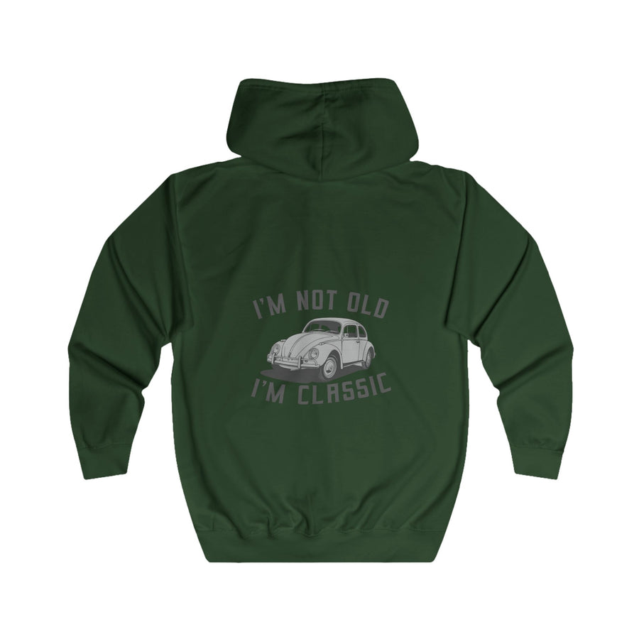 Sweatjacke mit Vintage-VW-Käfer-Motiv – Zip-Hoodie mit Rückendruck „I'm Not Old I'm Classic“ – Bottle Green – Rückenansicht