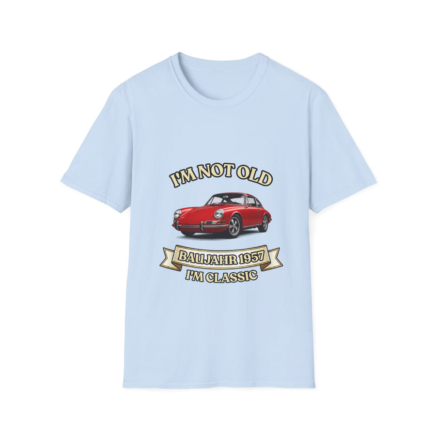 Geschenk zum 70. Geburtstag – T-Shirt Jahrgang 1957 mit Porsche-Motiv – Light Blue – Vorderseite