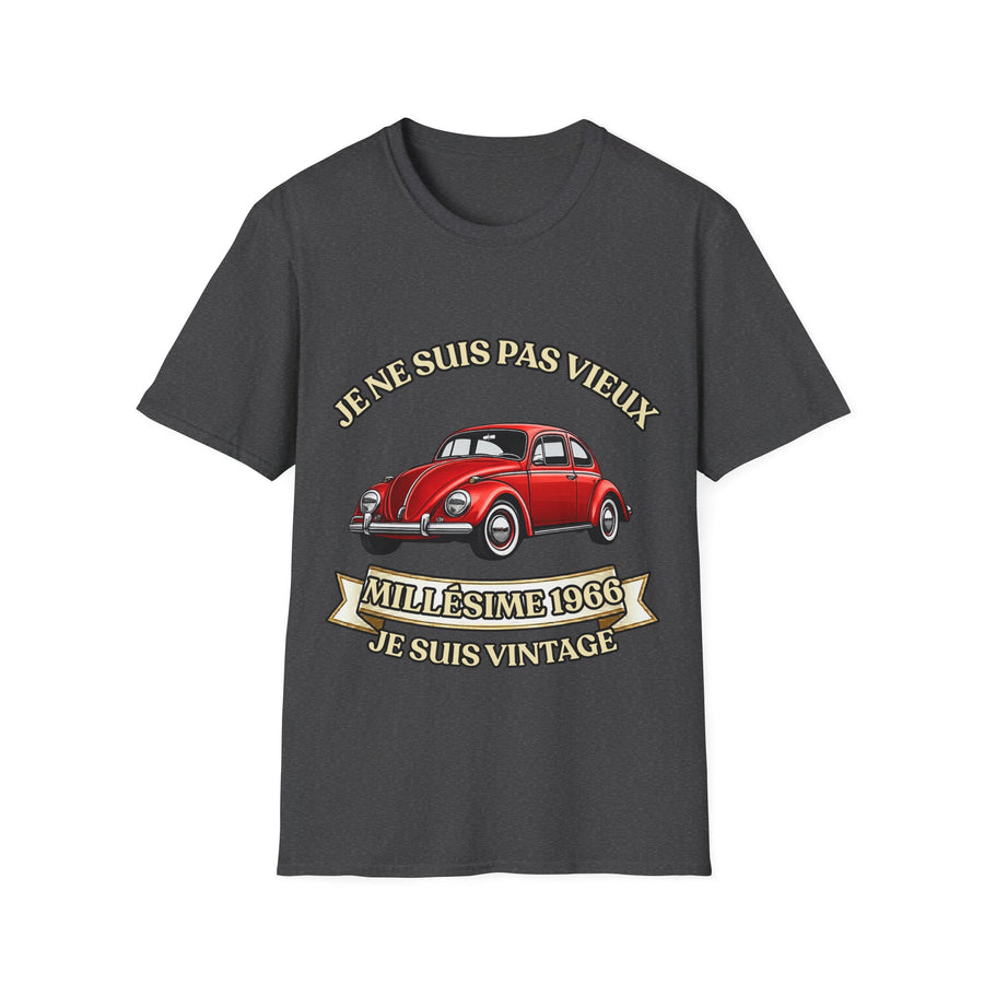 T-shirt Millésime 1966 « Je ne suis pas vieux, je suis vintage » – Cadeau anniversaire 60 ans homme – Coccinelle rouge, voiture ancienne rétro