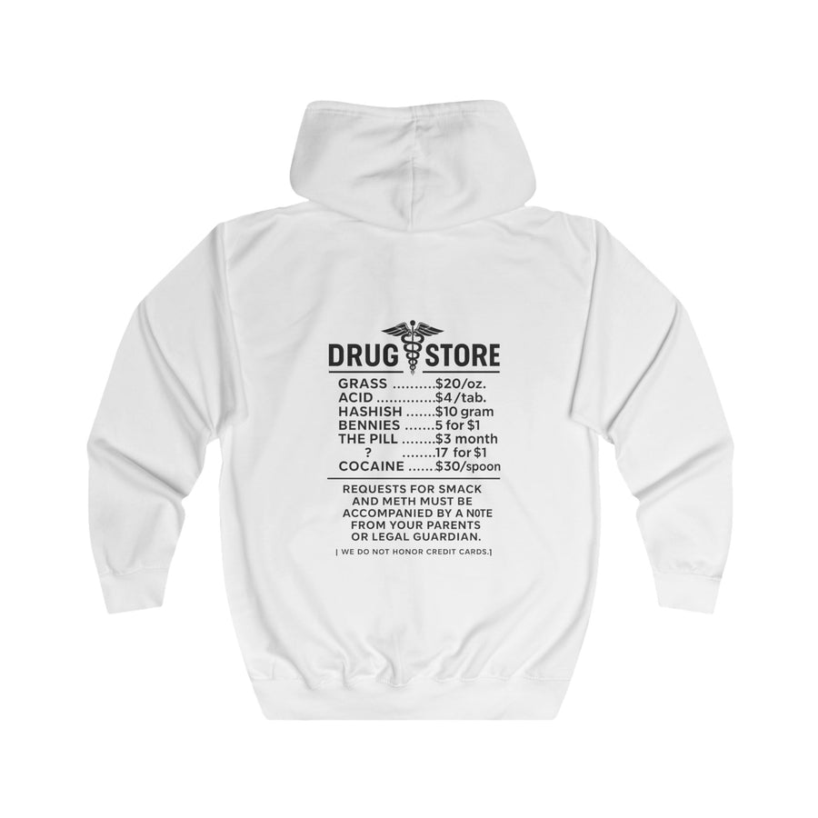 Drug Store Zip-Hoodie – Vintage-apotheekmotief met zwarte humor