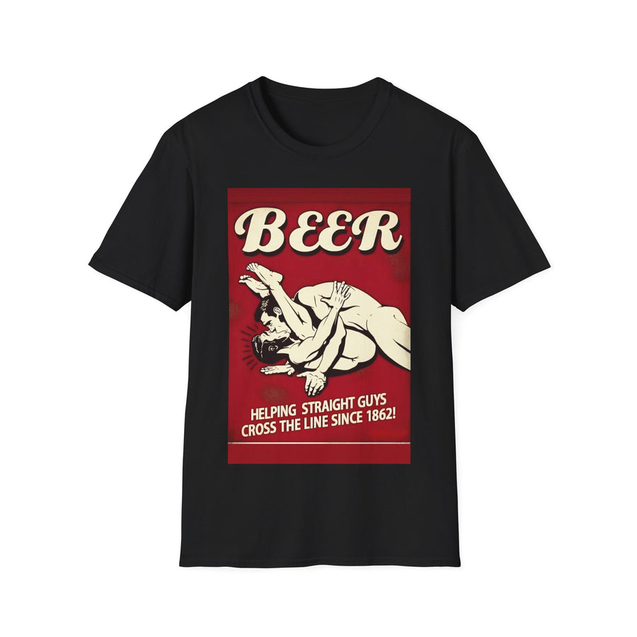 True Insights T-Shirt mit Spruch BEER Helping Straight Guys Cross the Line Since 1862 in Schwarz, satirisches Motiv