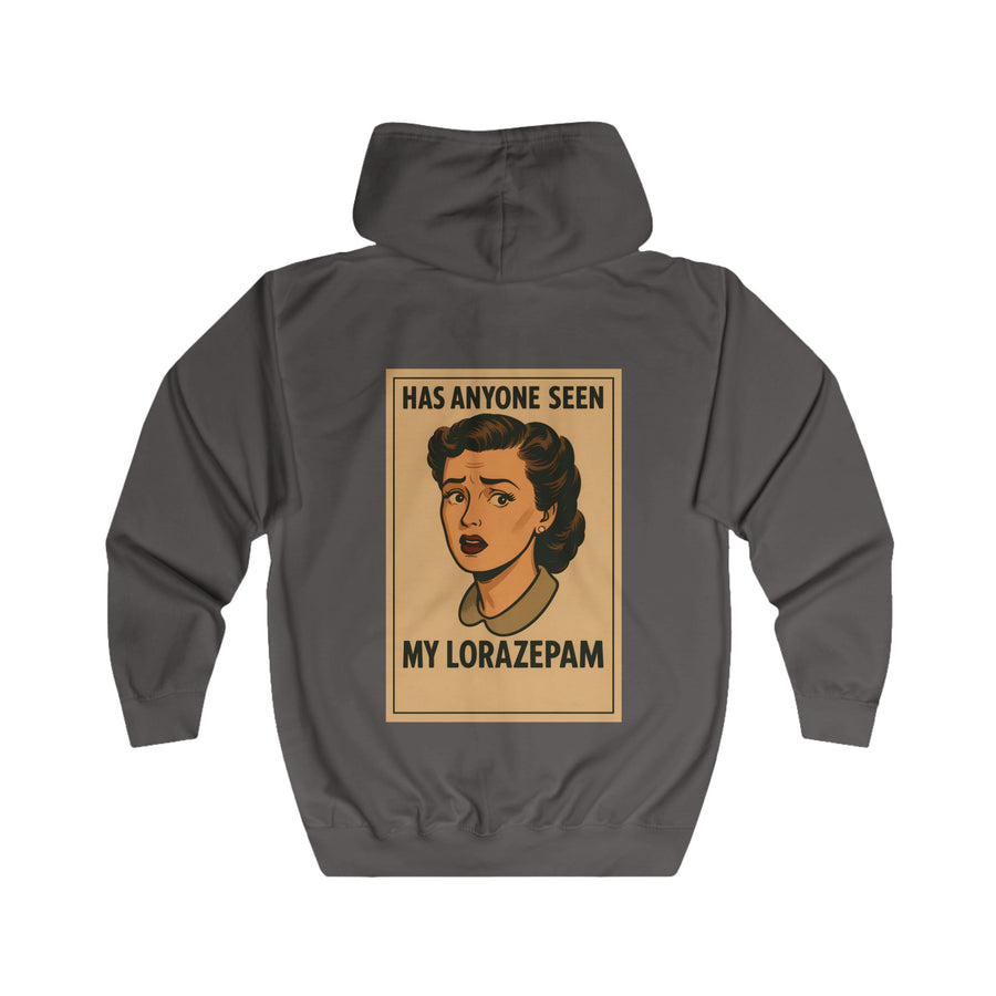 True Insights Has Anyone Seen My Lorazepam Zip-Hoodie – Retro-Pop-Art mit schwarzem Humor