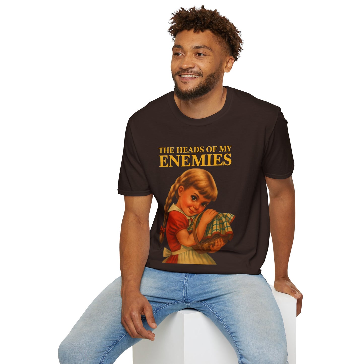 T-shirt “The Heads of My Enemies” – retro satire with children’s book flair