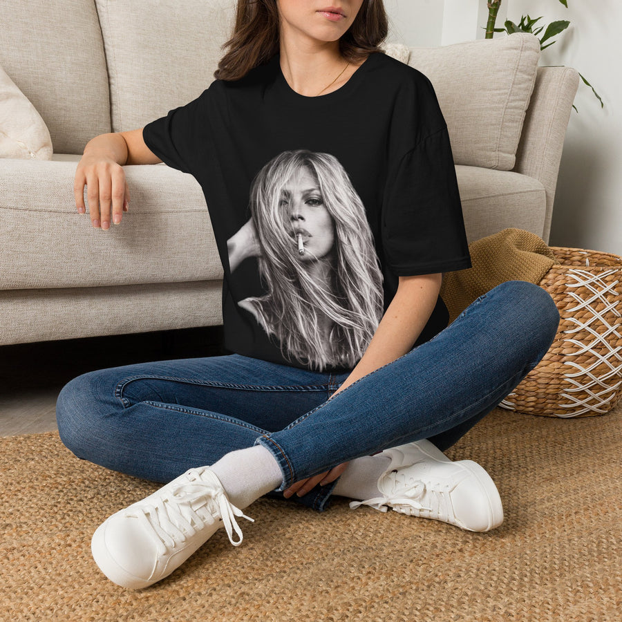 True Insights T-Shirt Kate Moss Porträt in Schwarz, kultiges Schwarz-Weiß Print Statement Shirt für Fans