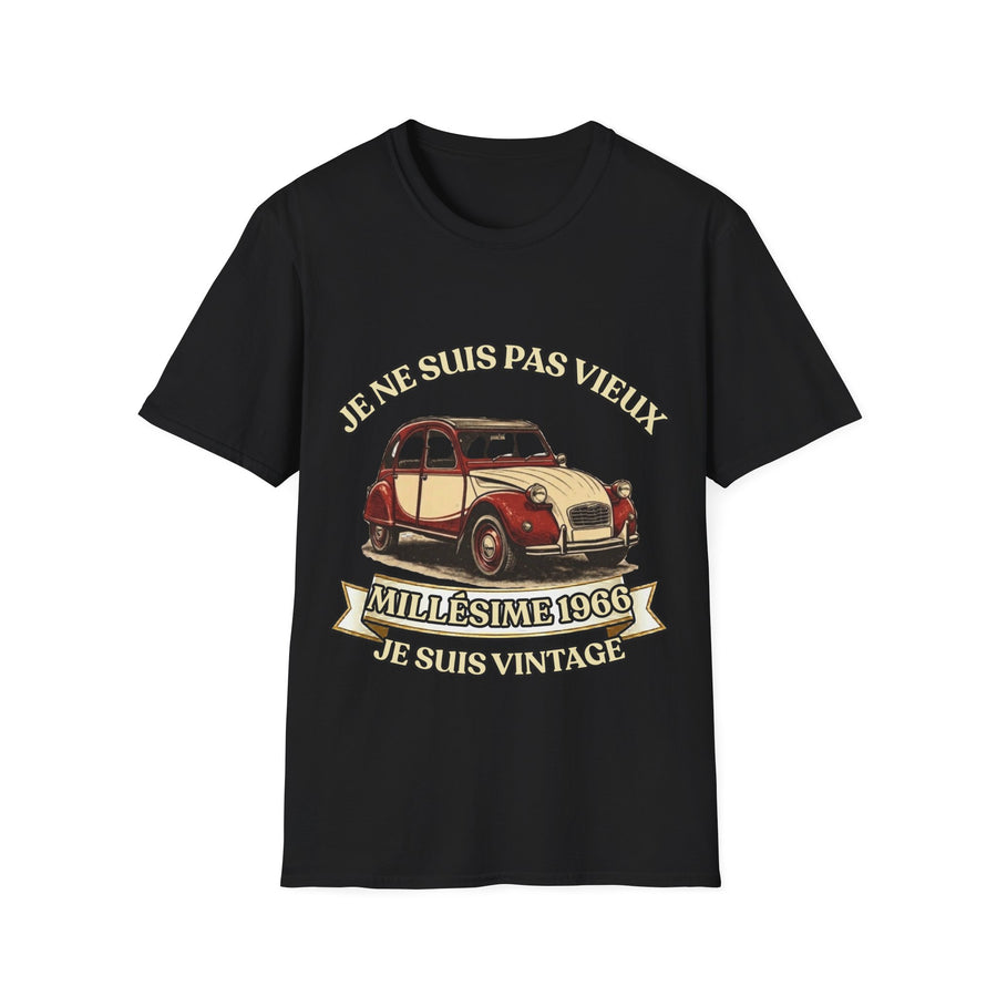 T-shirt Millésime 1966 « Je ne suis pas vieux, je suis vintage » – Cadeau anniversaire 60 ans homme – Deux-chevaux rouge et crème, voiture ancienne rétro