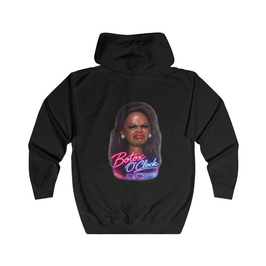 Botox O'Clock Zip Hoodie – Lustiges Neon Karikatur Motiv für Beauty-Fans, Grumpy Face Kapuzenjacke