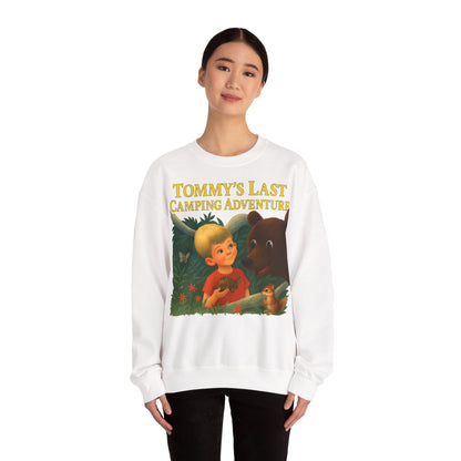 Sweatshirt – Tommy’s Last Camping Adventure Sweatshirt – Schwarzer Humor trifft Retro-Kinderbuchstil | True Insights Design mit Humor