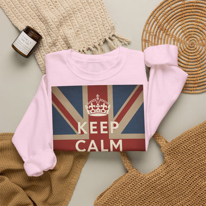 True Insights Sweatshirt Keep Calm and Carry On Union Jack Krone Retro Style getragen von UK Fan
