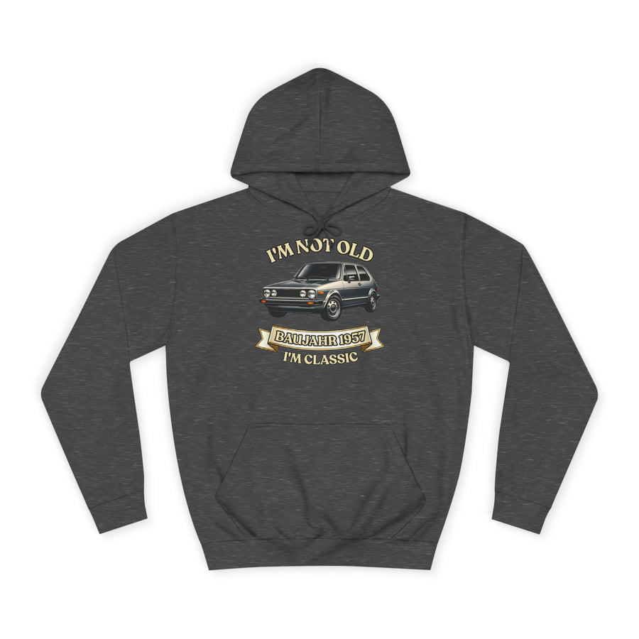 Geschenk zum 70. Geburtstag – Hoodie Jahrgang 1957 VW Golf – Charcoal – Vorderseite