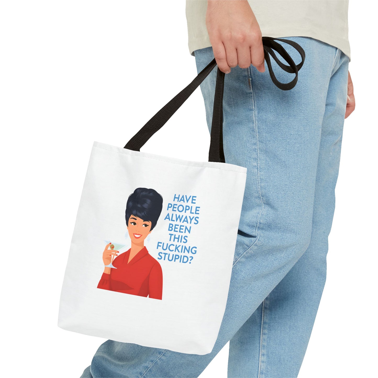 Lustige Tote Bag Retro Frau mit Martini - 'Have People Always Been This Stupid?' - Sarkasmus Spruch Vintage Stoffbeutel Geschenk