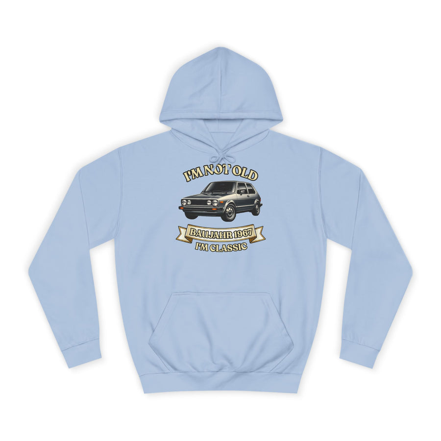 Geschenk zum 60. Geburtstag – Hoodie Jahrgang 1967 VW Golf – Sky Blue – Vorderseite