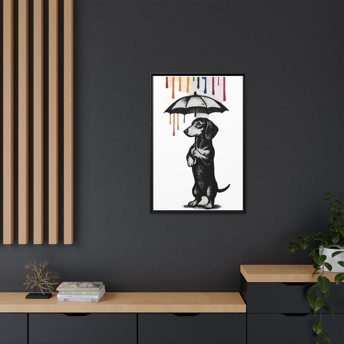 Dackel im Farbenregen – Street-Art Canvas mit Regenschirm & Farbtropfen