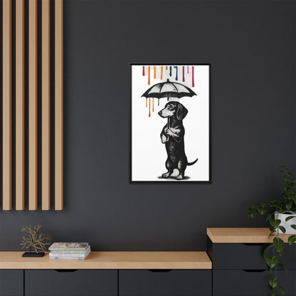 Dackel im Farbenregen – Street-Art Canvas mit Regenschirm & Farbtropfen