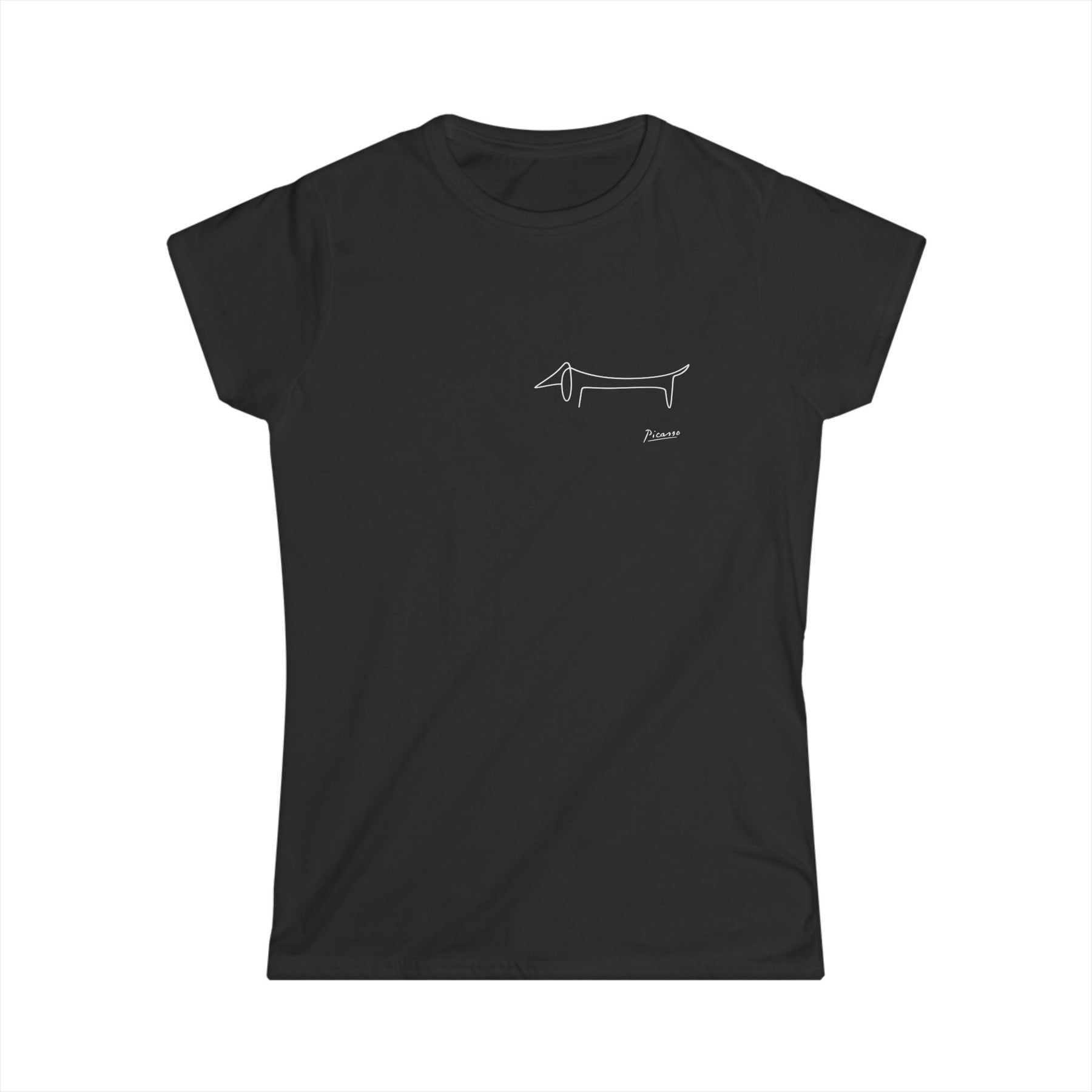 True Insights Damen T-Shirt Picasso Dackel minimalistische Hundelinie in Schwarz mit kleinem Motiv