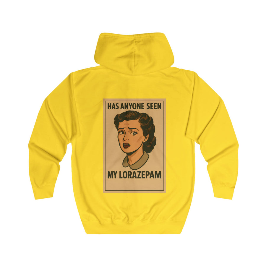 True Insights Has Anyone Seen My Lorazepam Zip-Hoodie – Retro-Pop-Art mit schwarzem Humor