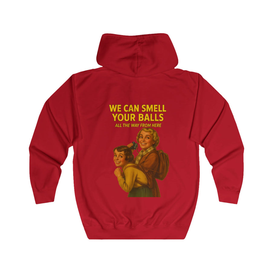 Retro Sweatjacke „We Can Smell Your Balls“ – Zip-Hoodie mit Rückendruck – Fire Red – Rückenansicht
