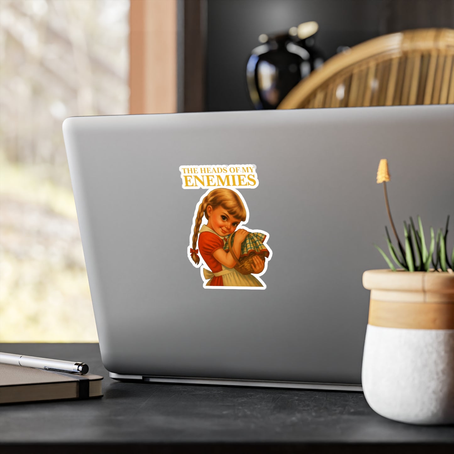 The Heads Of My Enemies Sticker - Lustiges Vintage Retro Meme Mädchen mit Korb - Ironischer Dark Humor Aufkleber Geschenk
