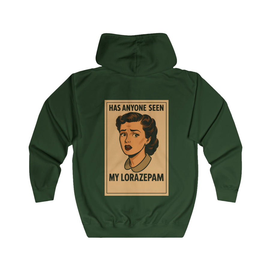 True Insights Has Anyone Seen My Lorazepam Zip-Hoodie – Retro-Pop-Art mit schwarzem Humor