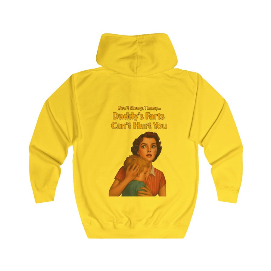 Papa Sweatjacke „Daddy's Farts Can't Hurt You“ – Zip-Hoodie mit Rückendruck – Sun Yellow – Rückenansicht