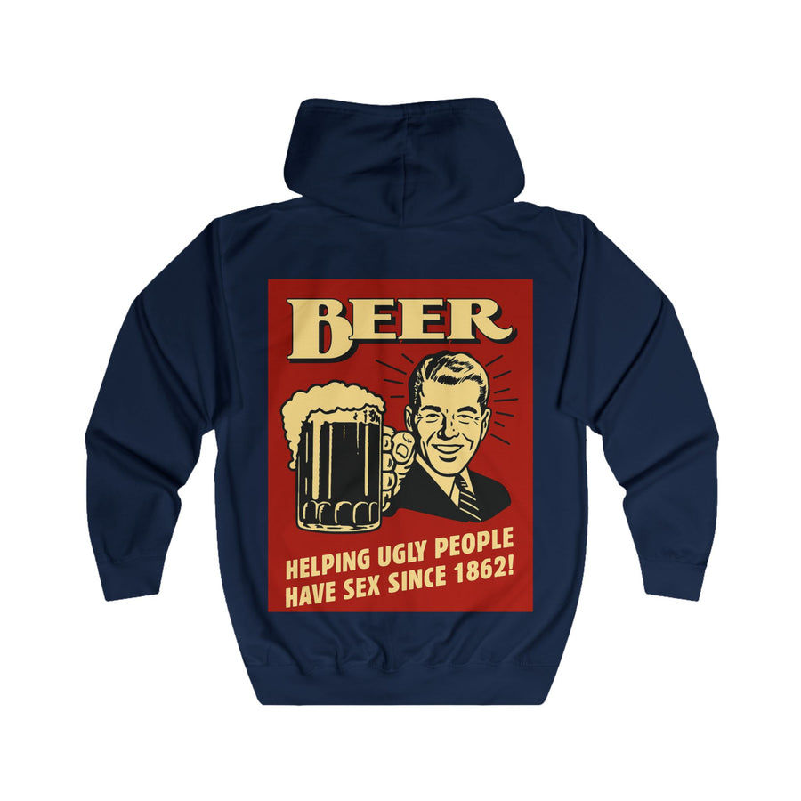 Zip Hoodie Bière – Helping Ugly People Have Sex Since 1862 – Sweat drôle rétro vintage