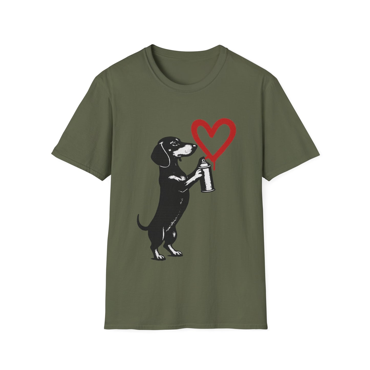 Dackel mit Sprühdose Herz T-Shirt Unisex – Street Art Graffiti Hund Motiv, perfektes Geschenk für Dackelliebhaber & Valentinstag